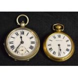 Watches - a Continental white metal open face pocket watch, white dial, Roman numerals,