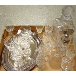 Cut glass stemware - decanter - silver plated platter etc qty
