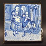 A Josiah Wegdwood & Sons of Etruria blue and white tile, January, mounted as a trivet,