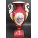 A Limoges two-handled pedestal vase, swan handles, floral printed cartouche, printed marks in gold,