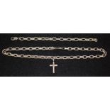 A 925 silver Gentleman's necklace, rounded box link, suspending a small cross pendant, 44cm long,