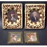 A pair of 19th century portrait miniatures, inlaid frames; another pair, smaller,