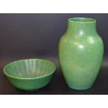 A Pilkingtons Royal Lancastrian baluster vase, glazed throughout in mottles shades of sea green,