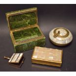 Tobbacania - a rectangular green stone and gilt metal box; mother of pearl mounted ash tray;