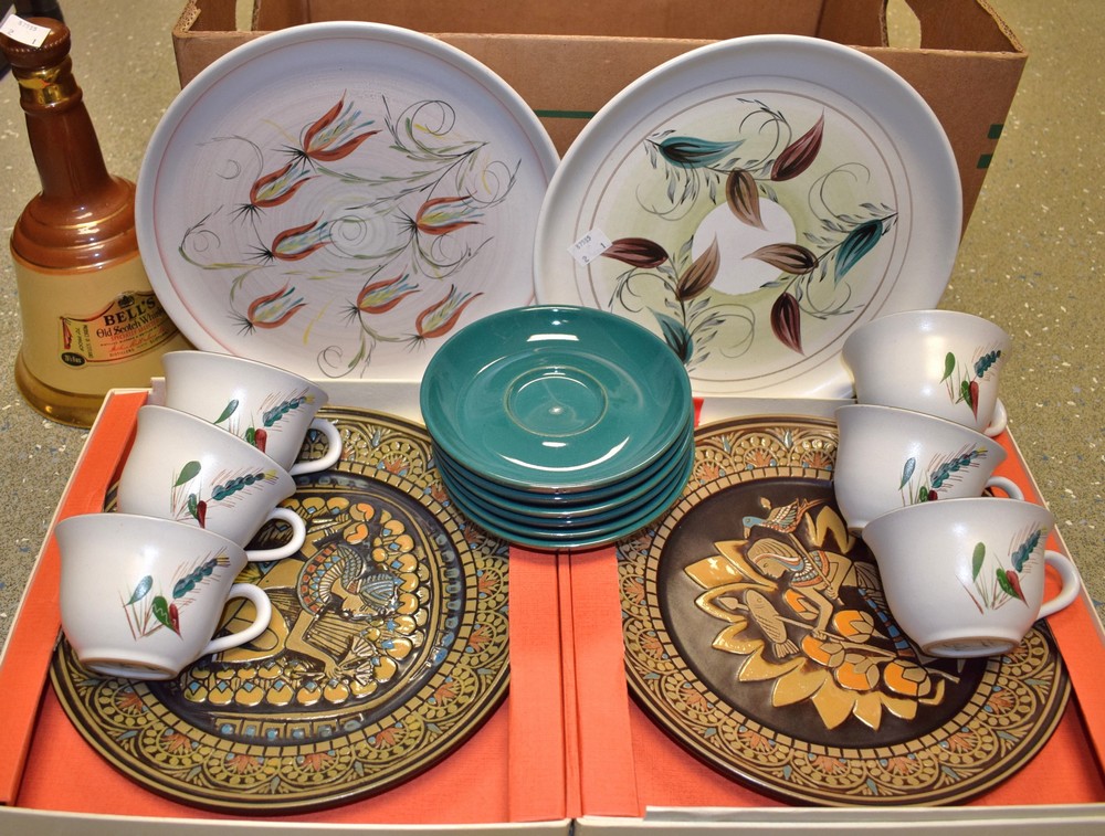 Denby - a pair of Egyptian Revival limited edition plates; six Greenwheat cups and saucers;