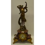 A 19th century French figural and rouge marble mantel clock, 8cm diam, Arabic numerals,