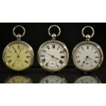 A continental silver open face pocket watch, white dial, Roman numerals, minute track,