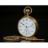 An Elgin gold plated open faced pocket watch, white dial, Arabic numerals, minute track,