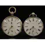 A continental silver open face pocket watch, white dial, Roman numerals, minute track,