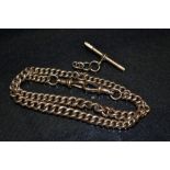 A 9ct gold graduated link double Albert chain, T bar terminal (detached) , 39cm long, 44.