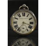 An Edwardian over size silver open face pocket watch, white dial, bold Roman numerals,