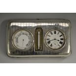 An Edwardian silver mounted green leather travelling deck top clock barometer thermometer,