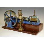 A scratch built stationary horizontal model steam mill beam engine, blue painted fly wheel and body,