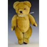 A musical clock work teddy bear, gold plush body, centre seam, glass eyes, brown pads,