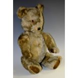 A mid 20th century mohair musical teddy bear, horizontal stitched snout, small ears,