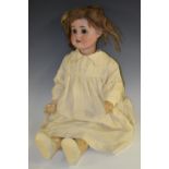 A Schoenau & Hoffmeister porcelain Dolly face socket head doll, sleeping brown eyes, open mouth,