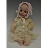 A Kestner bisque head baby doll, solid domed, fat cheeked bisque head, "Baby Jean", marked "J.D.K.