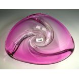 Studio Glass - a triform hand made dish, in swirls of pink,