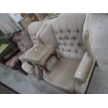 pair of upholstered wing back chairs and matching foot stool