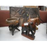 copper African wall plaque, carved wooden ashtray and 2 wooden elephants