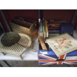brass items inc magazine rack and a box inc vintage books