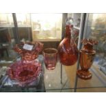 5 pieces of cranberry glass ( 2 with slight damage )