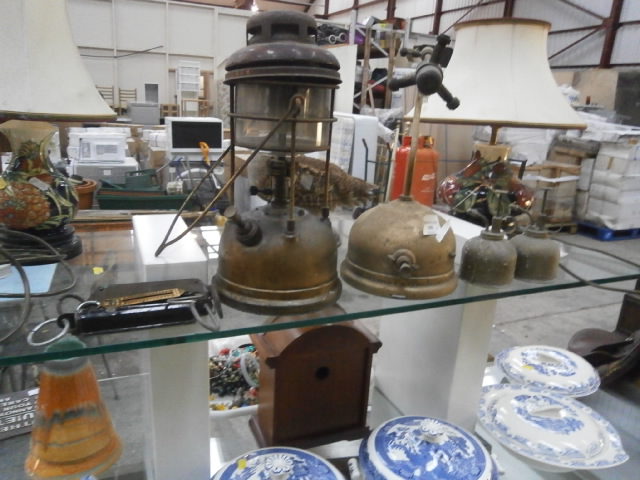 pair of tilley lamps and balance scales etc