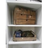 wooden stationery box and a crate inc old tins and carved wood etc