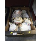 box of collectable pottery inc table ware and tea pots