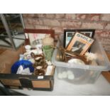 2 boxes inc dressing table set, collectable pottery and brass scales etc