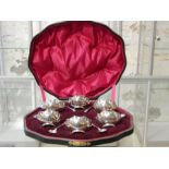 Silver Salt Set - six dishes and spoons - Birmingham - Maker - JT & JMM ♢ ~