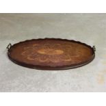 Edwardian Oval Mahogany tray with Brass Carrying Handles and Fine Inlay Detail