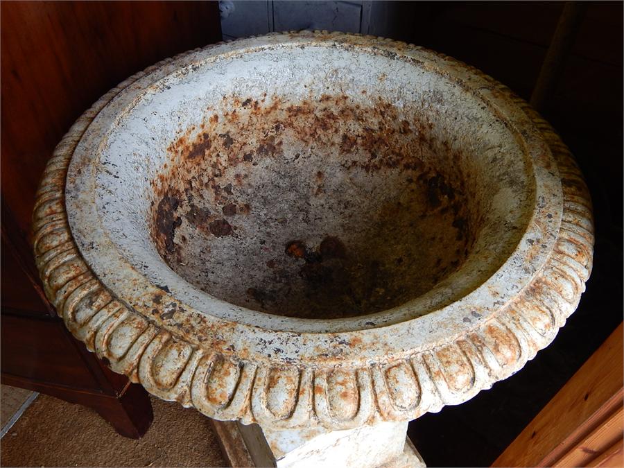 Cast Iron Campana Garden Urns - one rusted to base, the other with damage to square section. ~ - Image 4 of 12