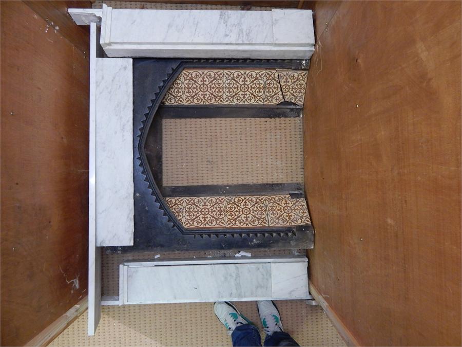 Cast Iron Fireplace - tiled insert, some tiles damaged / incomplete with marble surround