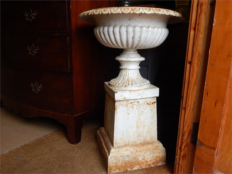 Cast Iron Campana Garden Urns - one rusted to base, the other with damage to square section. ~ - Image 3 of 12