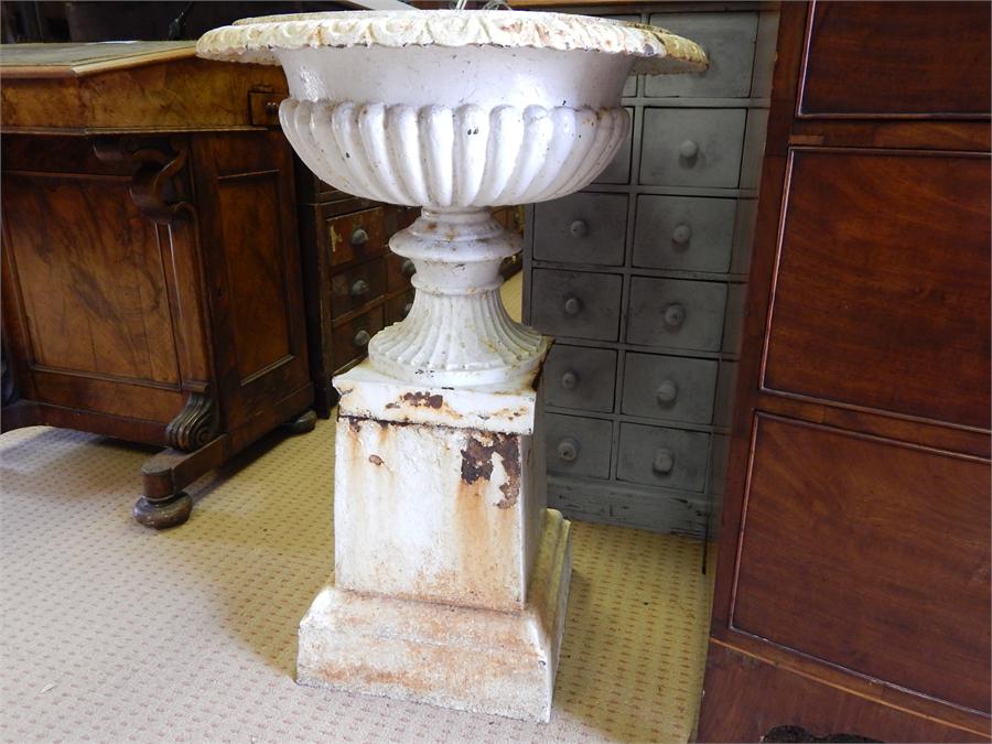 Cast Iron Campana Garden Urns - one rusted to base, the other with damage to square section. ~ - Image 6 of 12