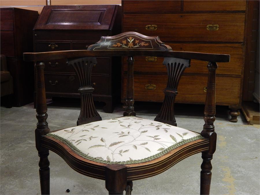 Edwardian Inlaid Corner Chair, recently restored and upholstered in silk fabric