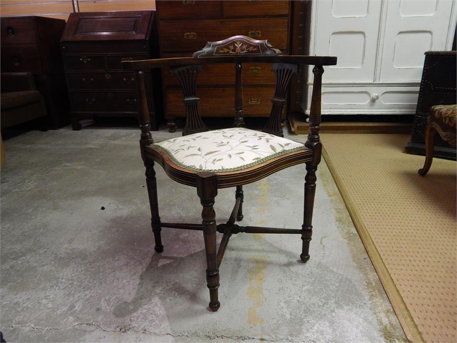 Edwardian Inlaid Corner Chair, recently restored and upholstered in silk fabric - Image 3 of 4