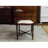 Edwardian Inlaid Corner Chair, recently restored and upholstered in silk fabric