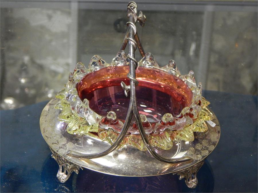 Silver plated and cranberry glass dish. - Image 3 of 6