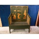 Chinese style chinoiserie and double caned green painted settle.