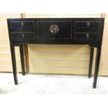 Chinese style lacquered hall table with drawers (modern), slight split to top. Late 20th Century.