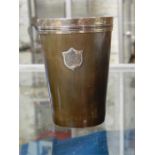 A George IV / William IV silver rimmed horn beaker with engraved monogrammed silver shield inset.