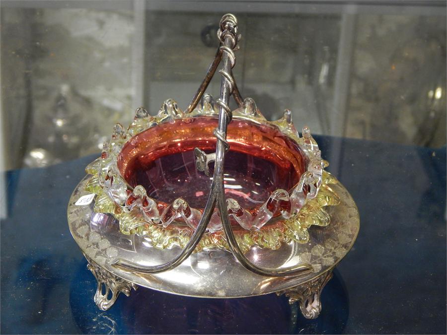 Silver plated and cranberry glass dish. - Image 5 of 6