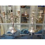 Pair of silver plate / plated on copper candelabra, three branch with removable branch.