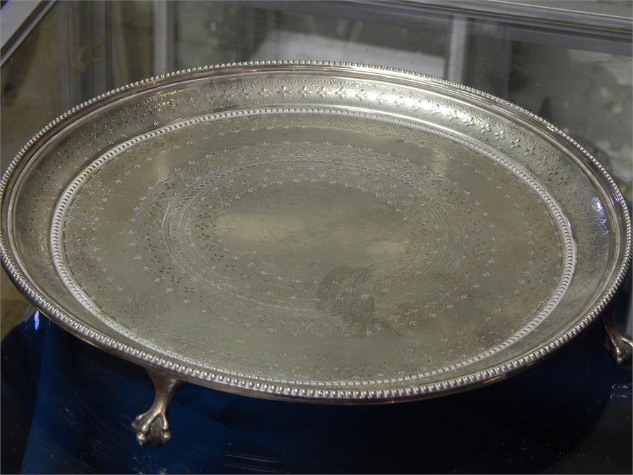 Oval silver plated EPNS twin handled tray along with a round plated tray on claw feet. - Image 2 of 6