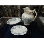 A blue and white jug, dish and plate, Millias ware.