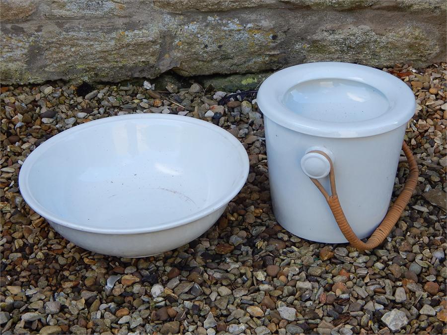 White Chamber Pail and cover with rattan handle and a white bowl