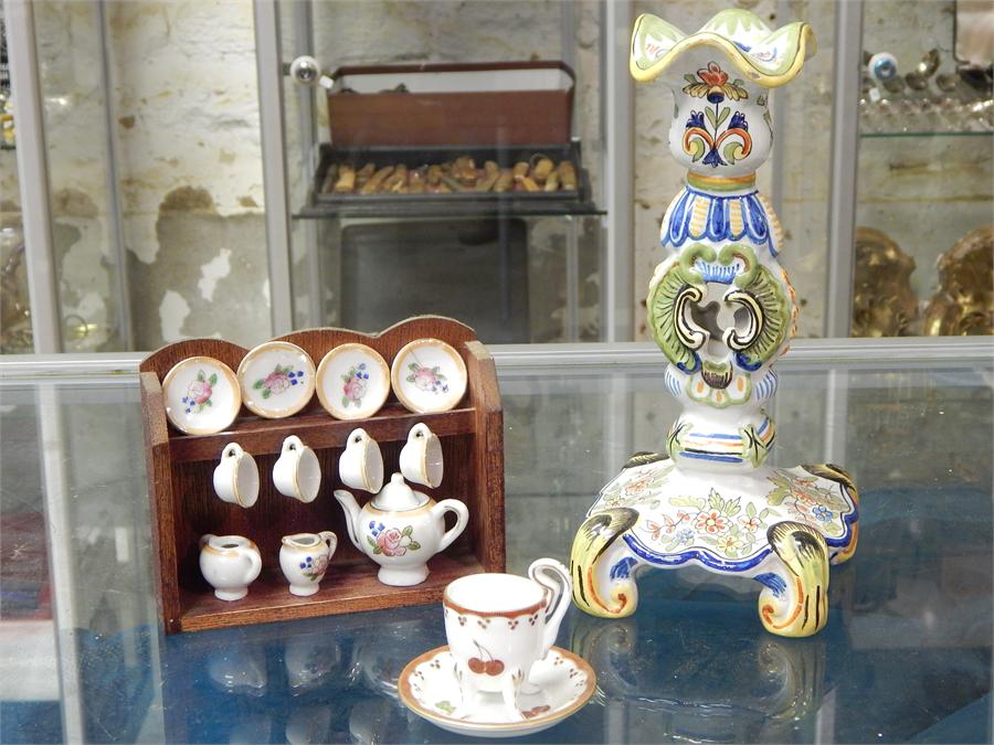 A selection of three items, including a decorative delft candlestick, an ornamental cup and saucer - Image 2 of 9