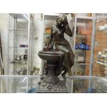 After Moreau, Nouveau signed bronzed/bronze nude sitting on pedestal bird bath, approximate